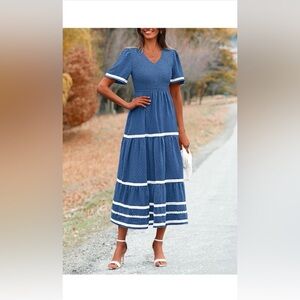 Smocked V-Neck Blue Maxi Dress with White Trim XXL 20
